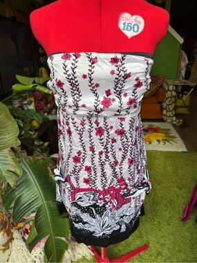 bebe White Floral Strapless Tank with Pink and Black Print